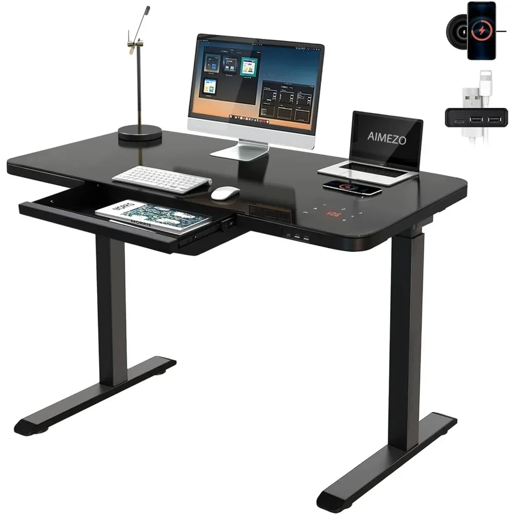 

Glass Top Standing Desk with Wireless Charging with Drawer Dual Motor Electric Adjustable Height Desk with USB Type-C/A Port