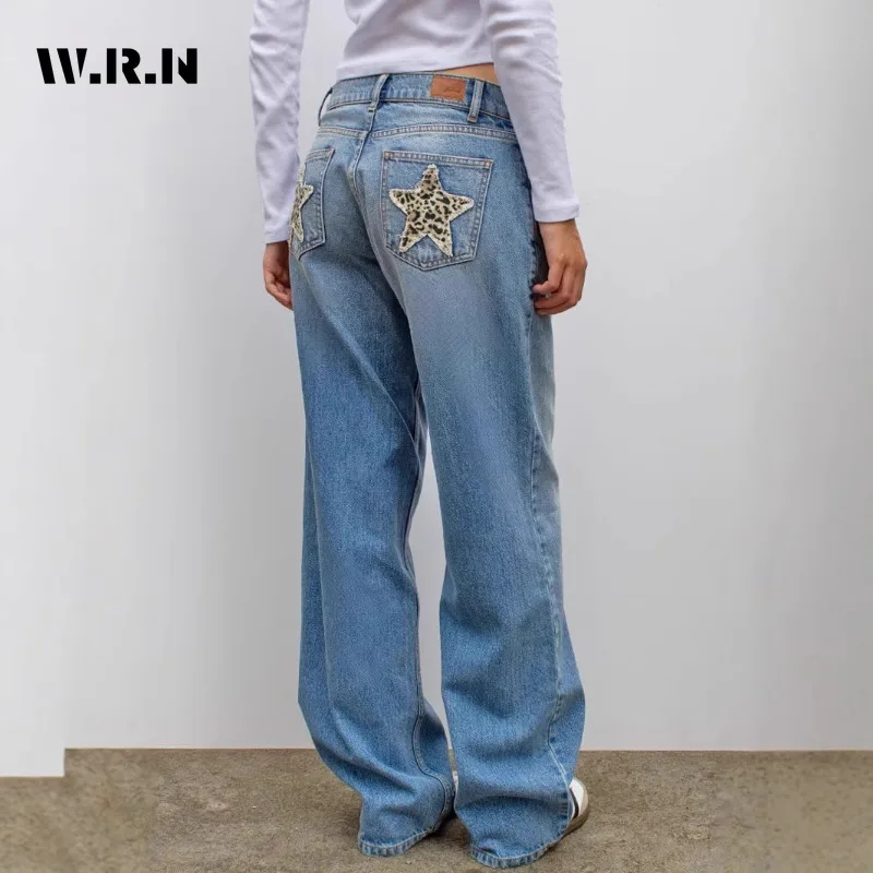 Hotsweet leopardo estrelas apliques hip-hop mop calças americano retro comprimento total rua jean feminino emo casual y2k denim calças