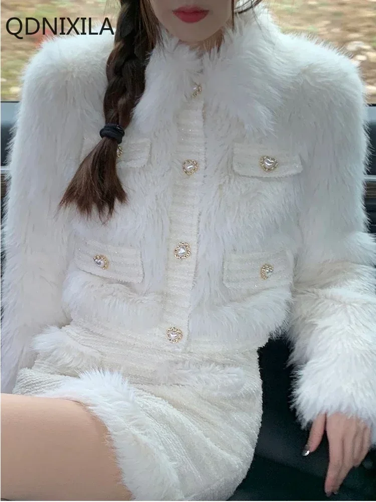 Two-Piece Set of Faux Fur Coat for Women, Short and Thickened Jacket, Mini Skirt, Little Fragrant Style, Autumn and Winter