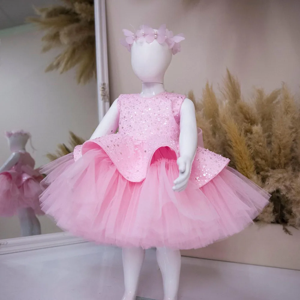 New Arrival Elegant Pink Puffy Kids Party Dress Formal Children Birthday Sequined Flower Girls Gown Baby Tulle Princess Dress