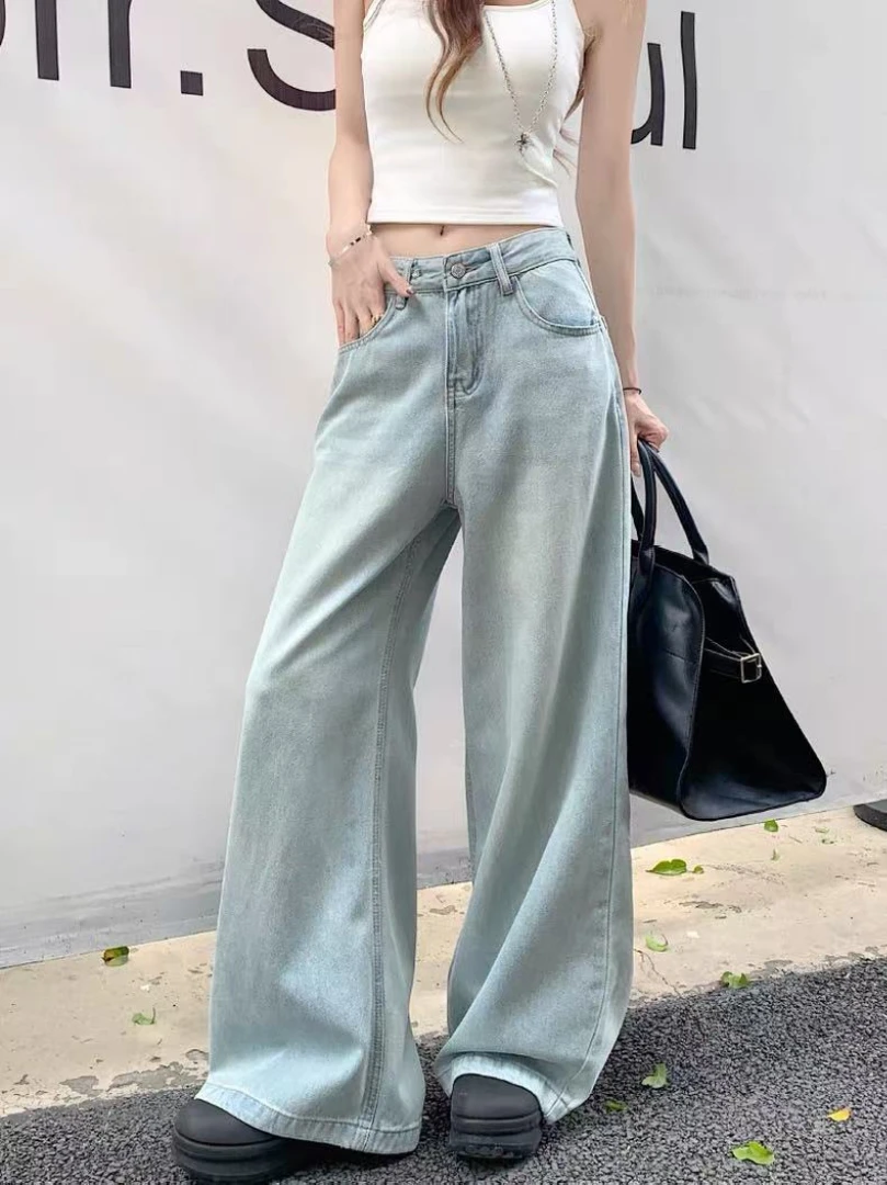 NUOMICI Light Blue Mid-low Waist Jeans Women's Loose Casual Straight Trousers Street Simple Chic Basic Female Pants