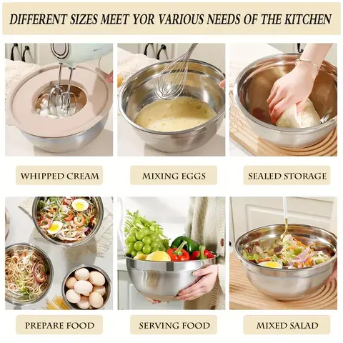 Rostfritt stål blandningsskålset med lock, kvarnförvaring, multifunktionellt köksverktygsset 10 best sales skål i rostfritt stål med lock - №3
