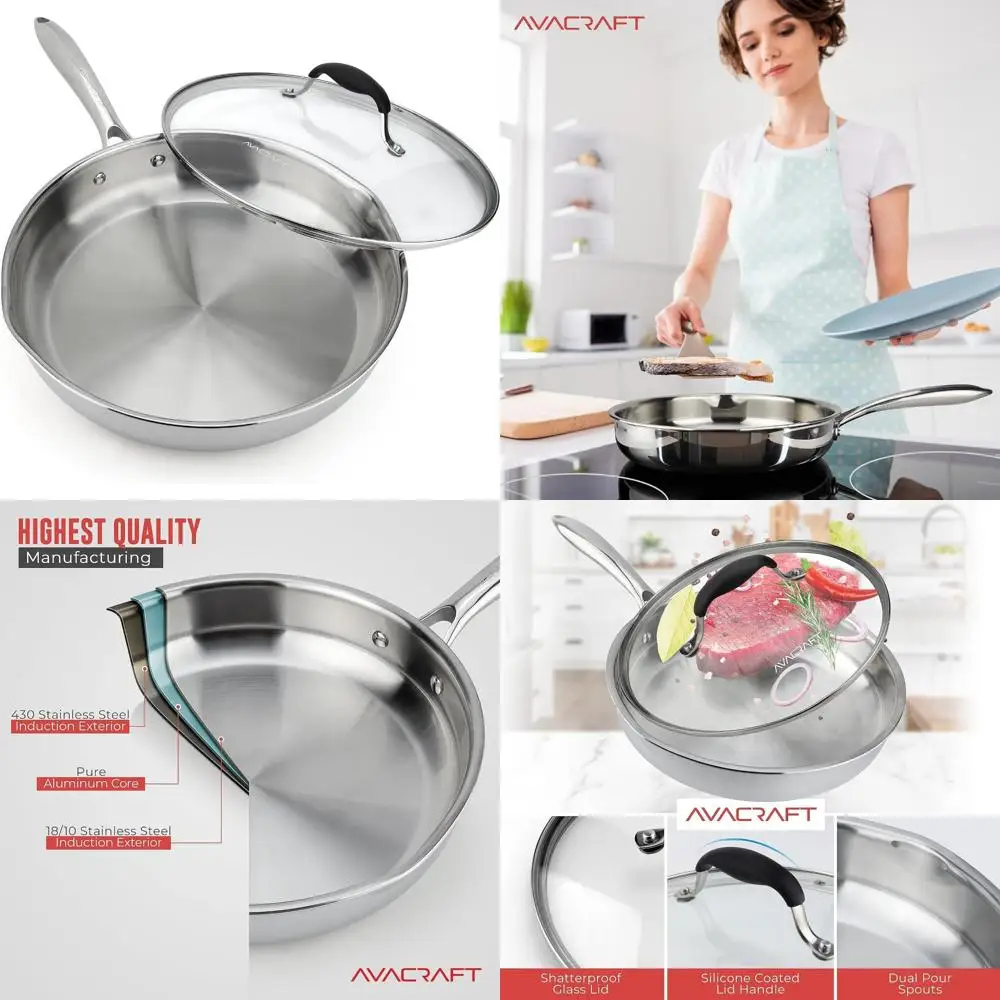 

10-дюймовая трехслойная сковорода из нержавеющей стали с крышкой, боковыми носиками, индукционная совместима, универсальная сковорода для жарки и приготовления пищи