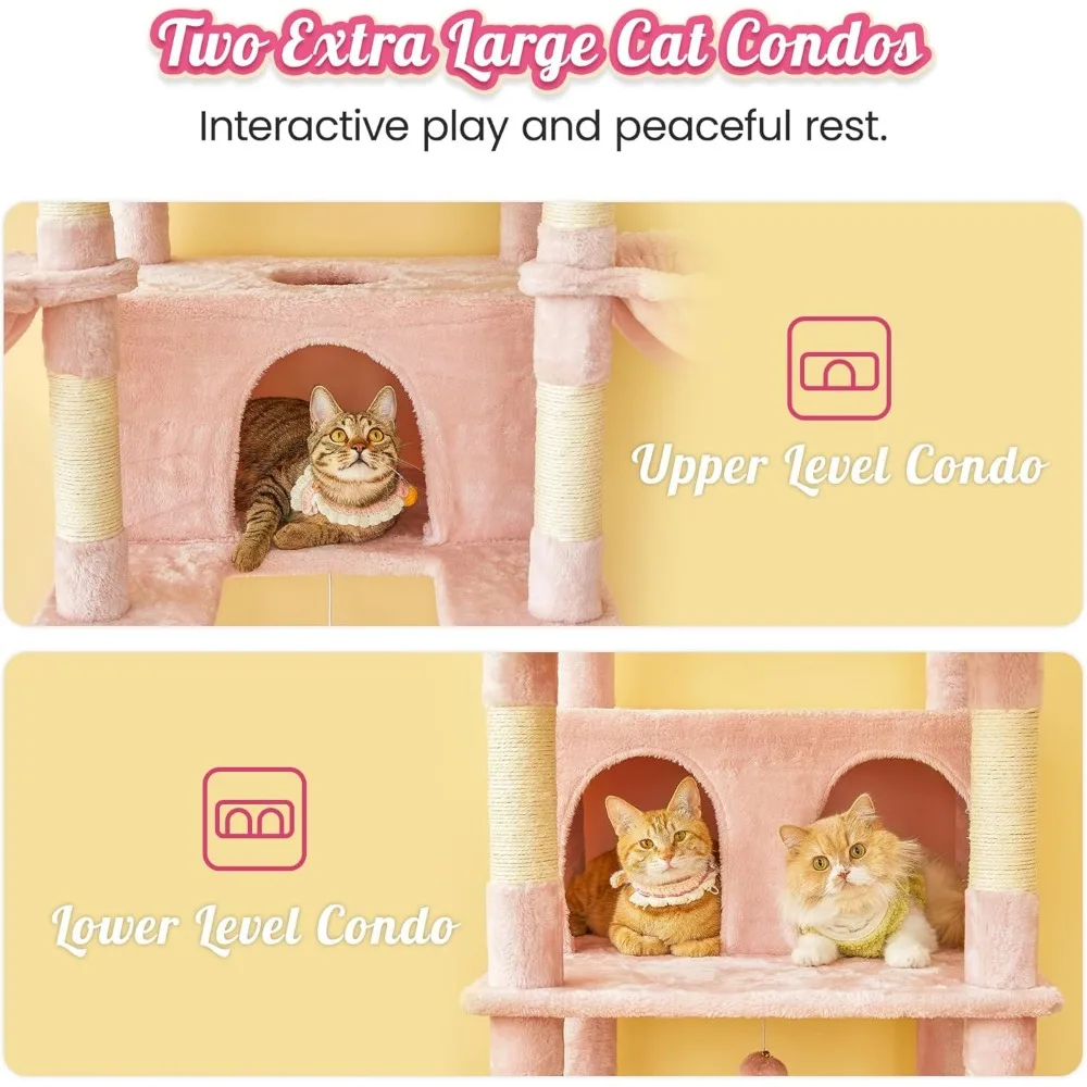 Árbol para gatos extra grande, torre para gatos de 77,6 pulgadas de alto para gatos de interior con 2 condominios grandes, soporte para gatos de varios niveles con 3 hamacas