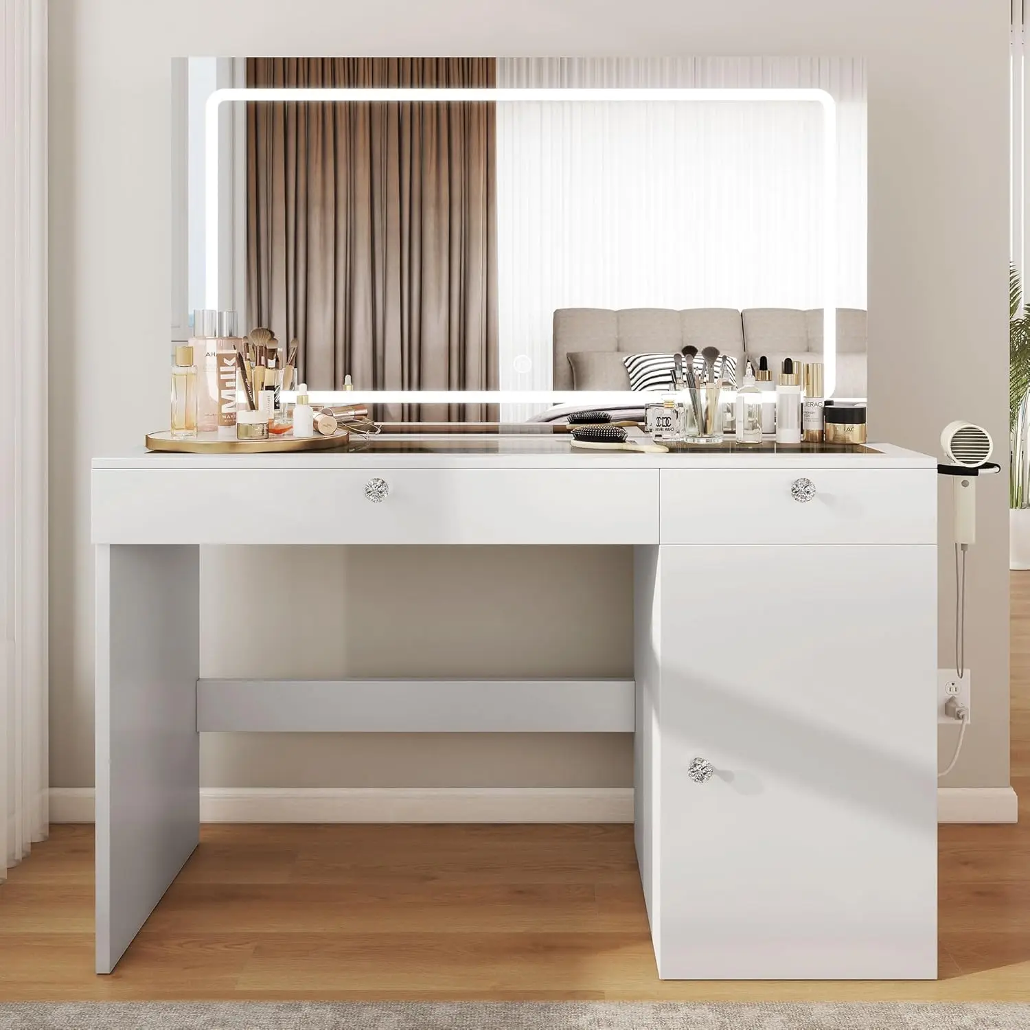 DWVO Vanity Desk with Power Outlet, Large 47 Inches Vanity Table with 3 Color Modes, 4 Layer Storage