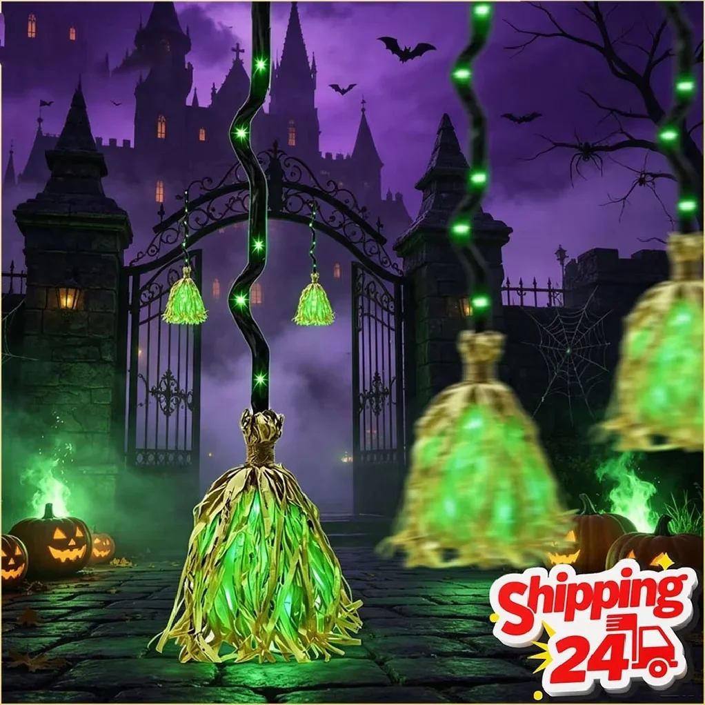 Glowing Witch Broom with Sound Effects, Auto Bouncing Animated Broomstick for Haunted House Indoor Halloween Party Decor