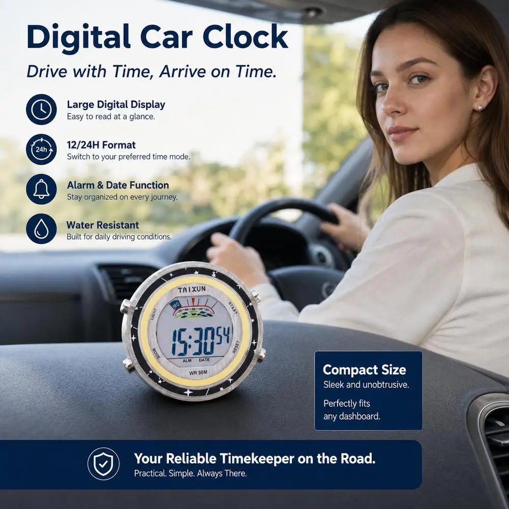 Waterproof Digital Car Motorcycle Clock LCD Stopwatch Timer Mini Round Dashboard Watch 50m Waterproof Vehicle Interior Accessory