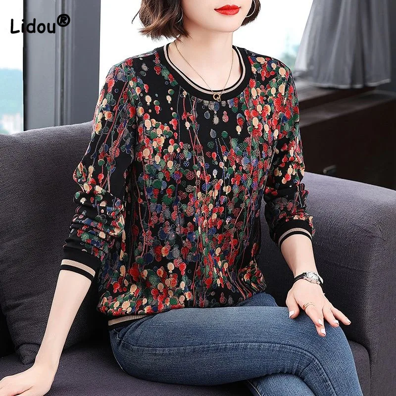 

Fashion All-match Printing Long Sleeve T-shirt for Female 2023 Spring Autumn Women's Loose Temperament O-Neck Diamonds Tops