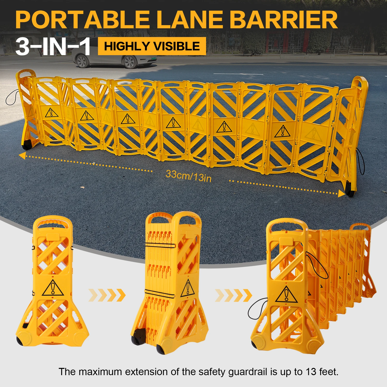 13 Foot Expandable Barricade Gate with Wheels Retractable Driveway Fence Gate for Crowd Control Industrial Or Residential Use