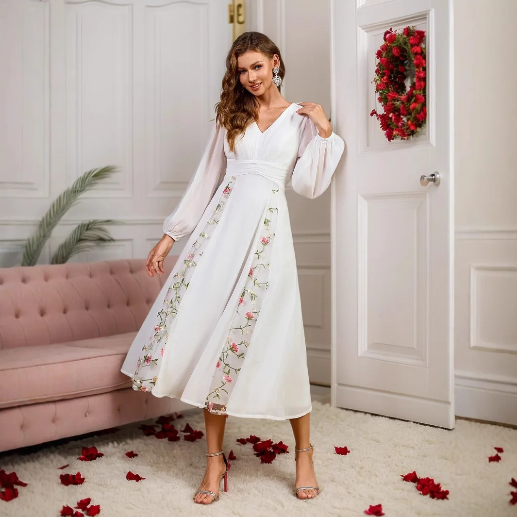 Nuova gonna soffice bianca Versatile scollo a V maniche a lanterna Gonna di media lunghezza Banchetto Matrimonio Sposa Regalo Festa Islam Elegante