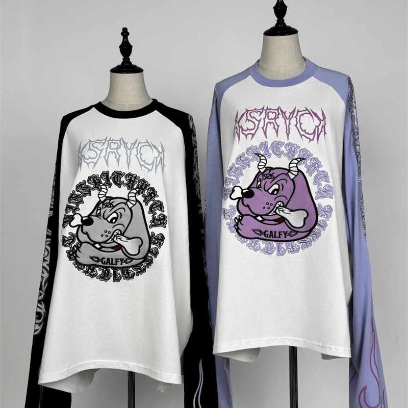 Japanese Harajuku Streetwear Co-branded Subculture Tattoo Embroidery Flame Long Sleeve Oversized Sleeve T-Shirt
