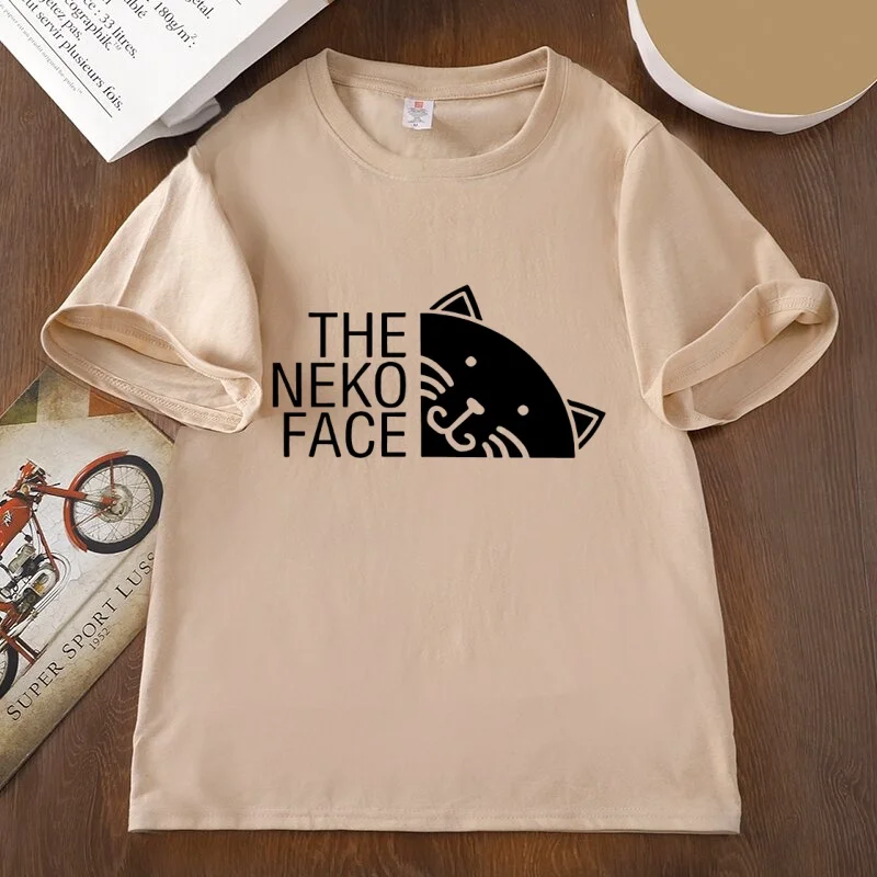Lustige T-Shirts mit Neko-Gesicht-Grafik, niedliches Katzendesign, bedruckte T-Shirts, lässige T-Shirts mit Rundhalsausschnitt, bedruckte T-Shirts für Männer und Frauen, Kleidung, T-Shirts – Detail 5