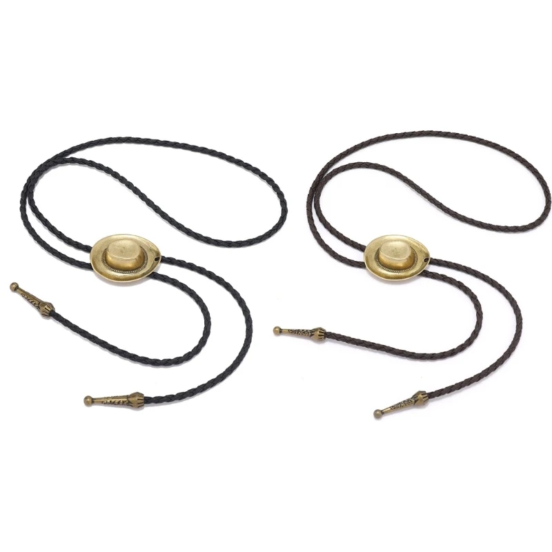 

Western Bolo Tie Neckties Braided Rope Necklace with 3D Metal Cowboy Hat Pendant