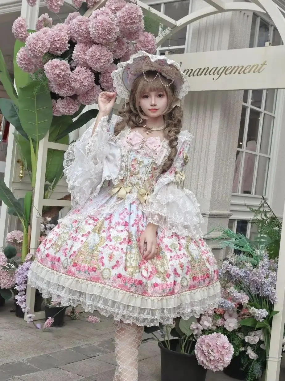 

Original Sweet Lolita OP Dress Lace Vintage Court Style Cute Bow Long Sleeve Stitching Kawaii Girls Women Elegant Suspender