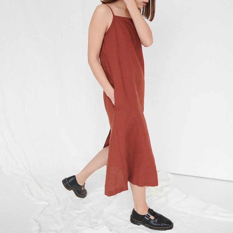 2023 Newly Casual Cotton Linen Elegant Dresses For Women Sexy Spaghetti Strap Back Open Side Long Midi Dress With Pockets