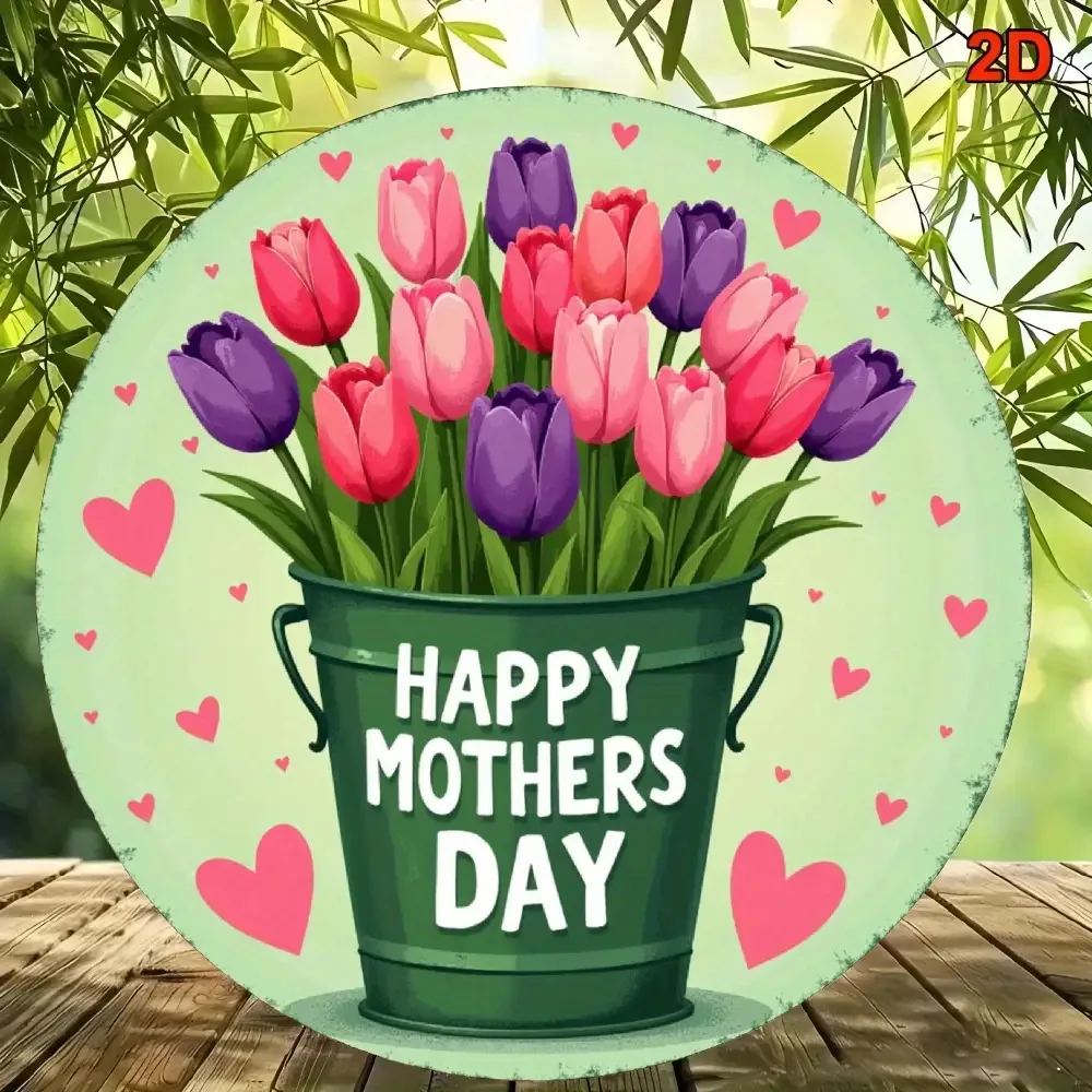 2D Happy Mothers Day Tulip Flower Bucket Heart Print Rustic Porch Wall Decor 20x20cm Metal Tin Sign / Iron Plaque