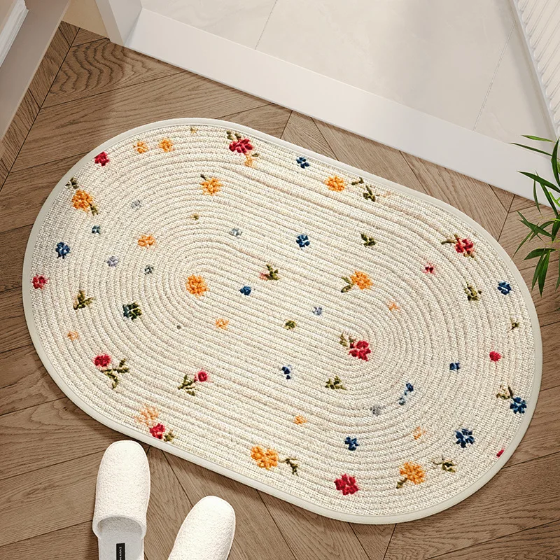 Imitation Linen Floor Mat Floral Texture Weaving Soft Anti Slip Absorbent Bathroom Bathroom Household Shower Floor Mat Foot Pad