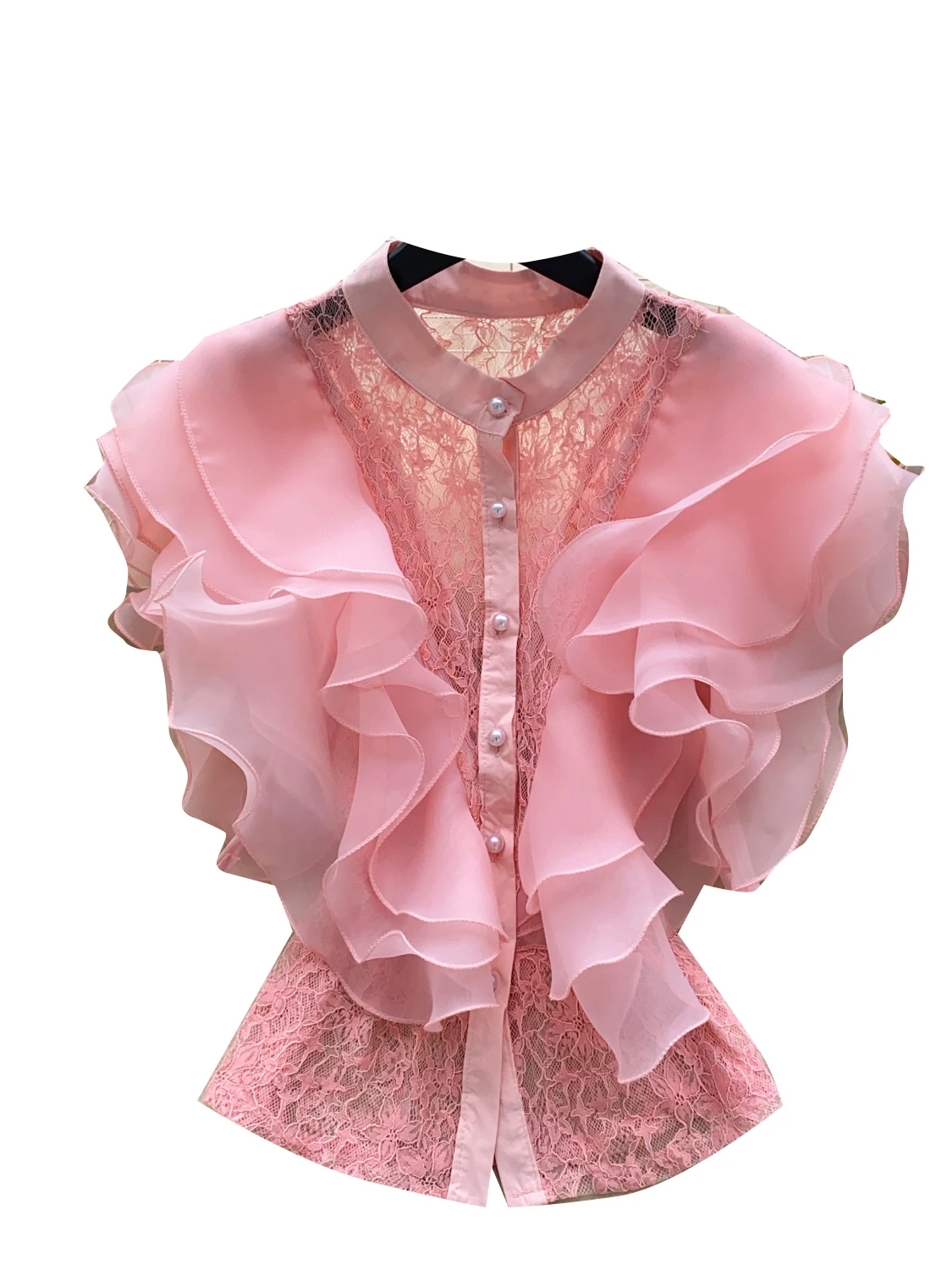 بلوزة أنيقة من الدانتيل للنساء، تصميم صيفي رقيق مع تطريز، مناسبة للعمل، فضفاضة على الطراز الكوري، بأكمام قصيرة وعصرية