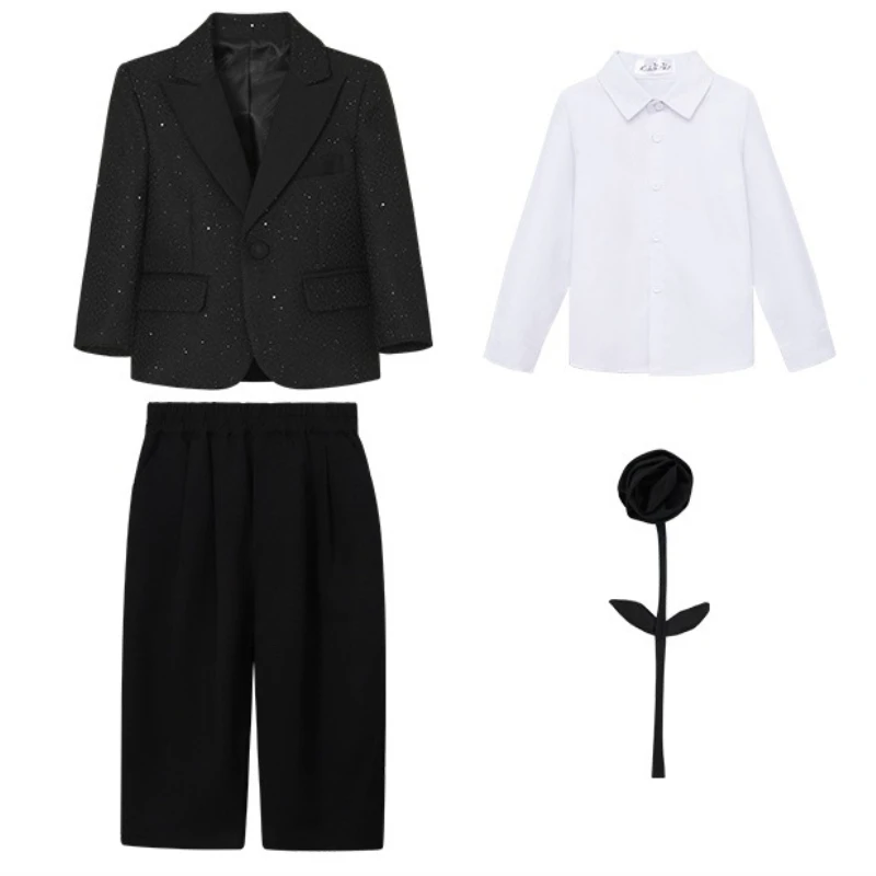 

Teen Boys Blazer Set Elegant Black Sequins Kids Birthday Dinner Tuxedo Formal Flower Boy Wedding Piano Host Performance Suit