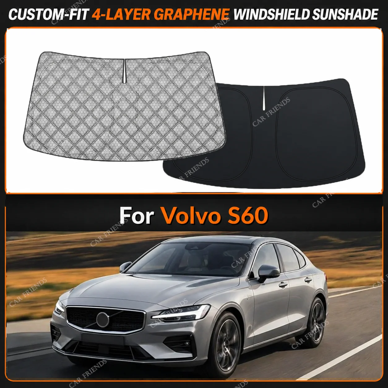 For Volvo S60 Custom-Fit 4-Layer Graphene Windshield Sunshade Reflective Gray-Silver Surface Helps Reduce Direct Sunlight