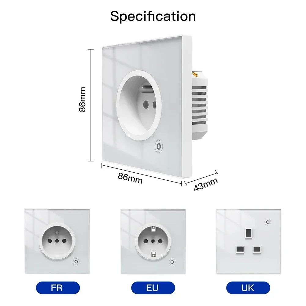 WiFi Tuya Smart Wall Socket Glass Panel Outlet Power Monitor Touch Plug Relay Status Light Mode Adjustable Smart Life App Alexa