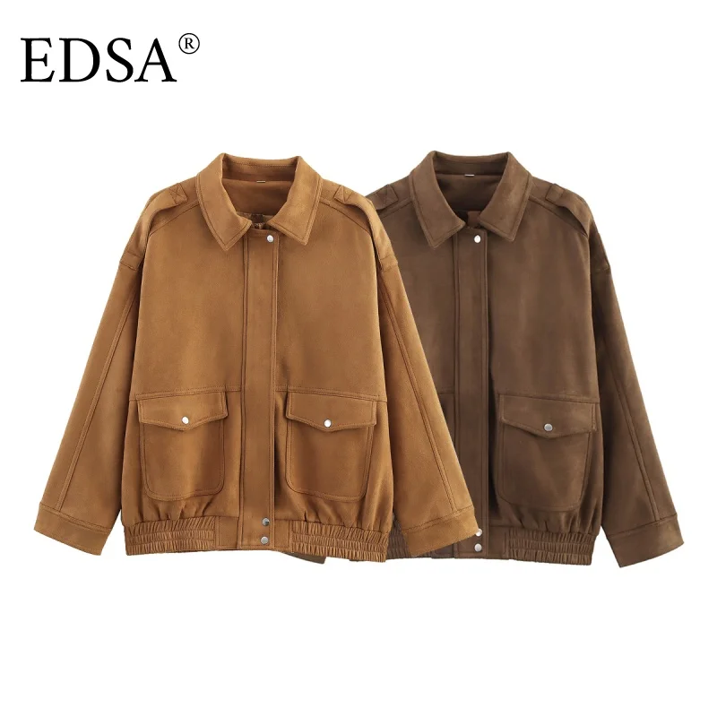 سترة نسائية من جلد الغزال من EDSA مع جيوب بغطاء قلاب وأكمام طويلة وسحاب جانبي ملابس خارجية للخريف للسيدات في الشارع