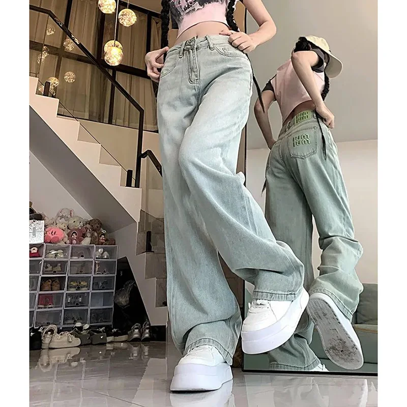 女性シックなグリーン刺繍ジーンズパンツ女性ルーズフィットデニムパンツ女の子ハイウエストストレートレッグジーンズズボン