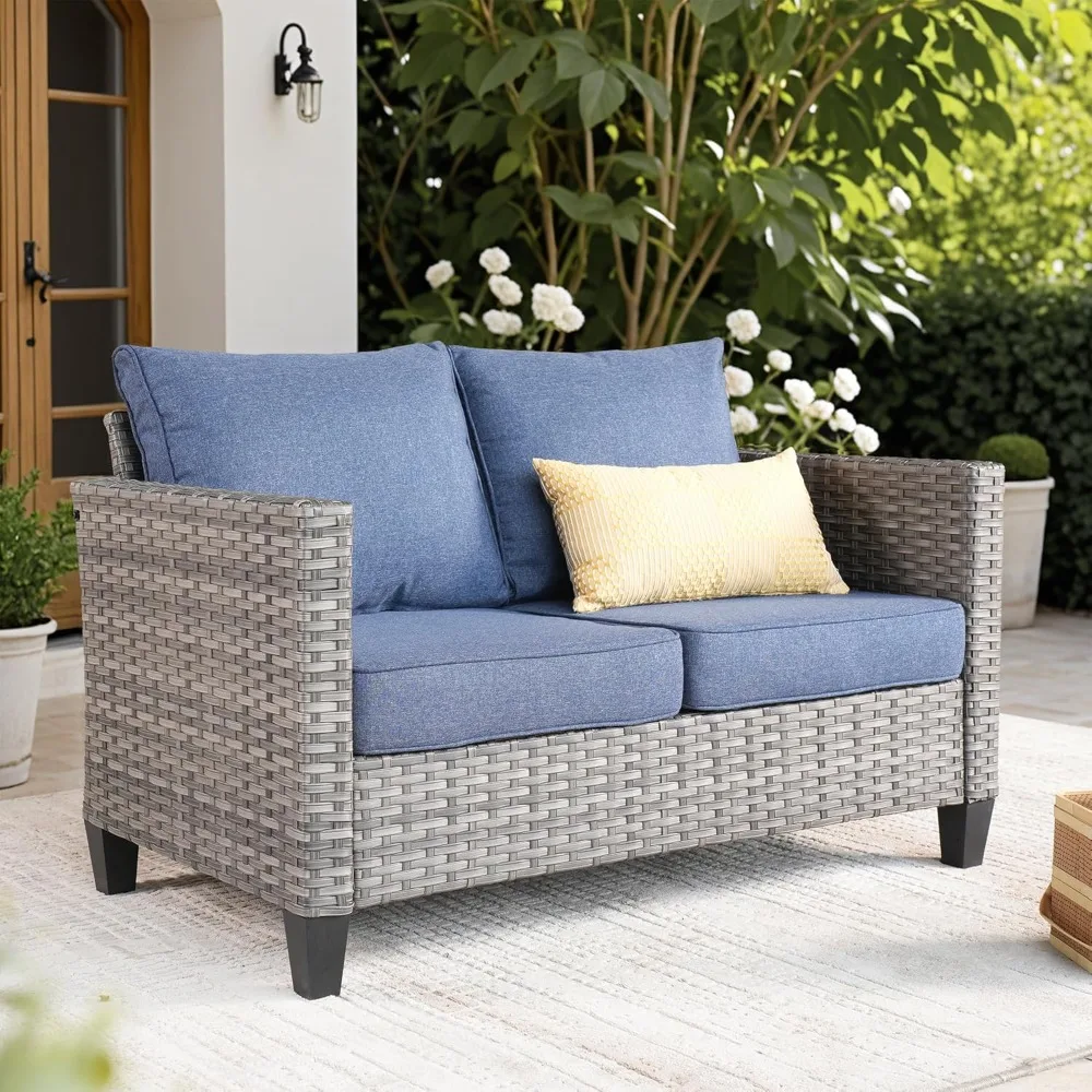 

Patio Sofa All Weather Outdoor Furniture Loveseat Couch High Back Wicker Rattan Loveseat Couch Yard Backyard Porch(Denim Blue)
