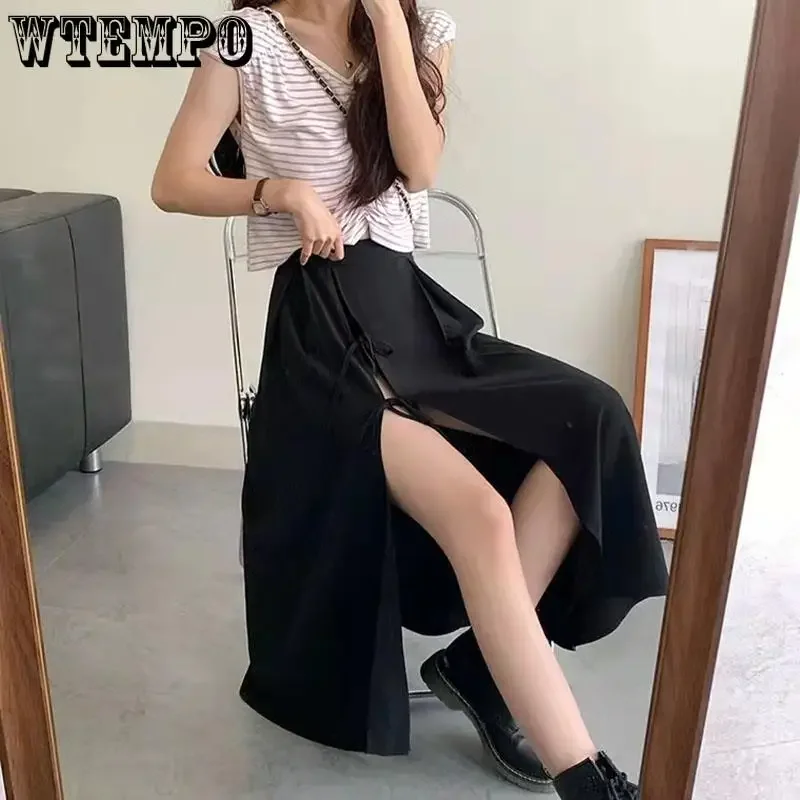 WTEMPO New Women Fashion Black Side Split Skirts Girls Summer Streetwear High Waist Mid-Calf Preppy Style Lace-up Pleated Skirts