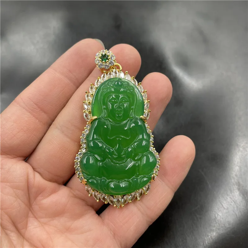 925 Silver Inlaid With Chalcedony, ; Emerald Green Agate, Large Guanyin Ornament; Jade Pendant