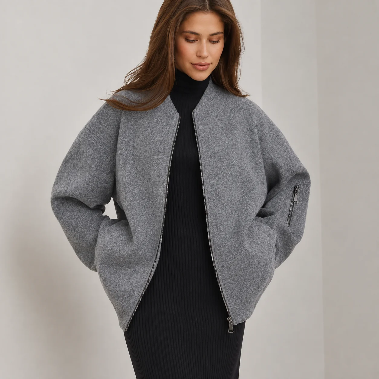 EOENKKY Women Oversized Woolen Jacket Gray Stand Collar Zip Up Coat Casual Loose Fit Long Sleeve Streetwear Outerwear