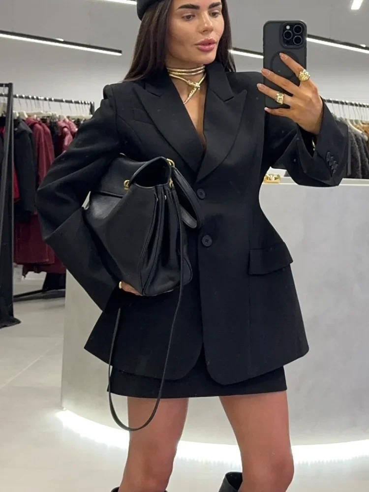 2025 New In Notched Black Blazer Coats For Women Elegant Single Breasted Suit Jacket Female Long Sleeve OL Chic Street Outerwear