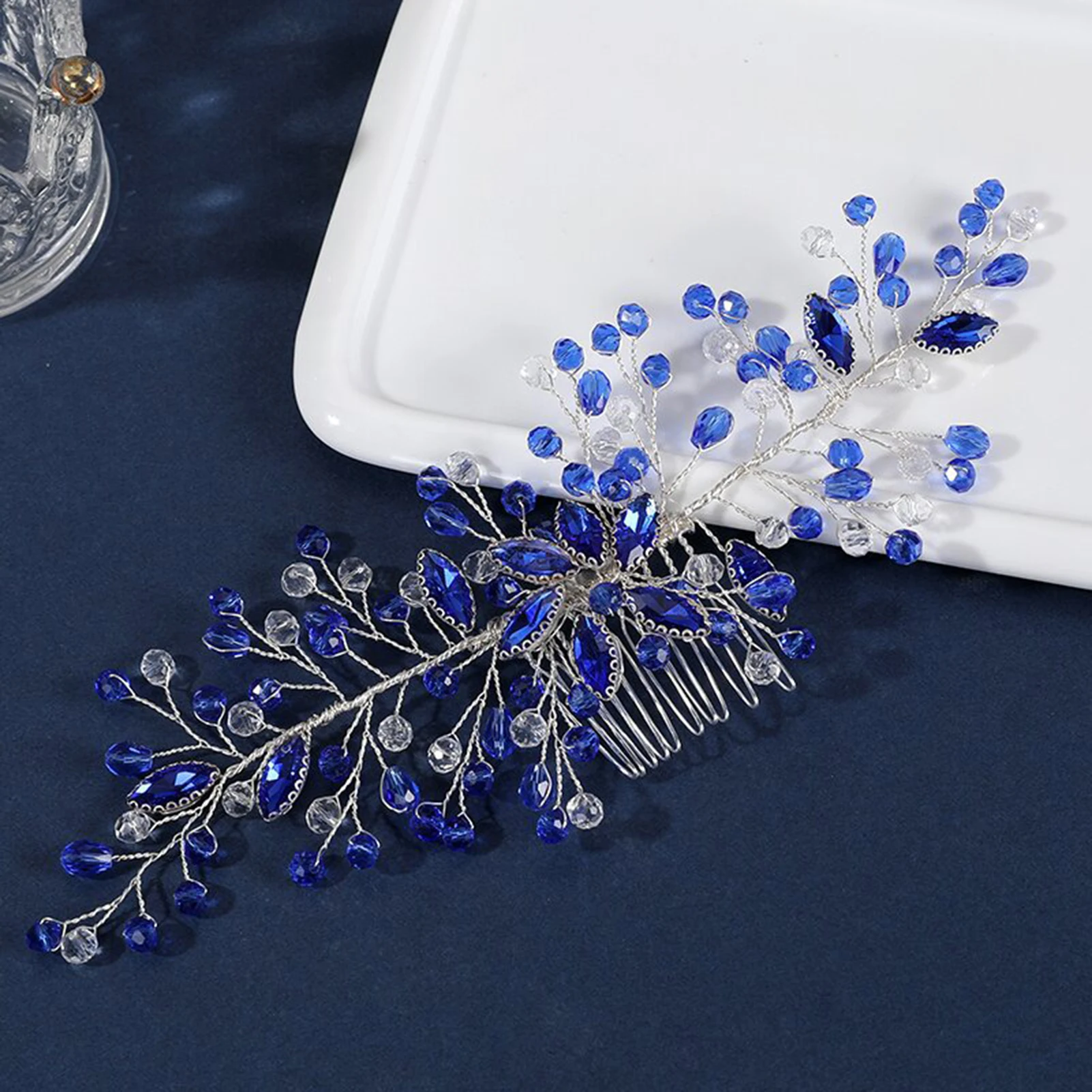 Diademas de boda para novia con peinetas, diademas elegantes con diamantes de imitación azules brillantes, joyería para el cabello para fiesta, tocado de novia