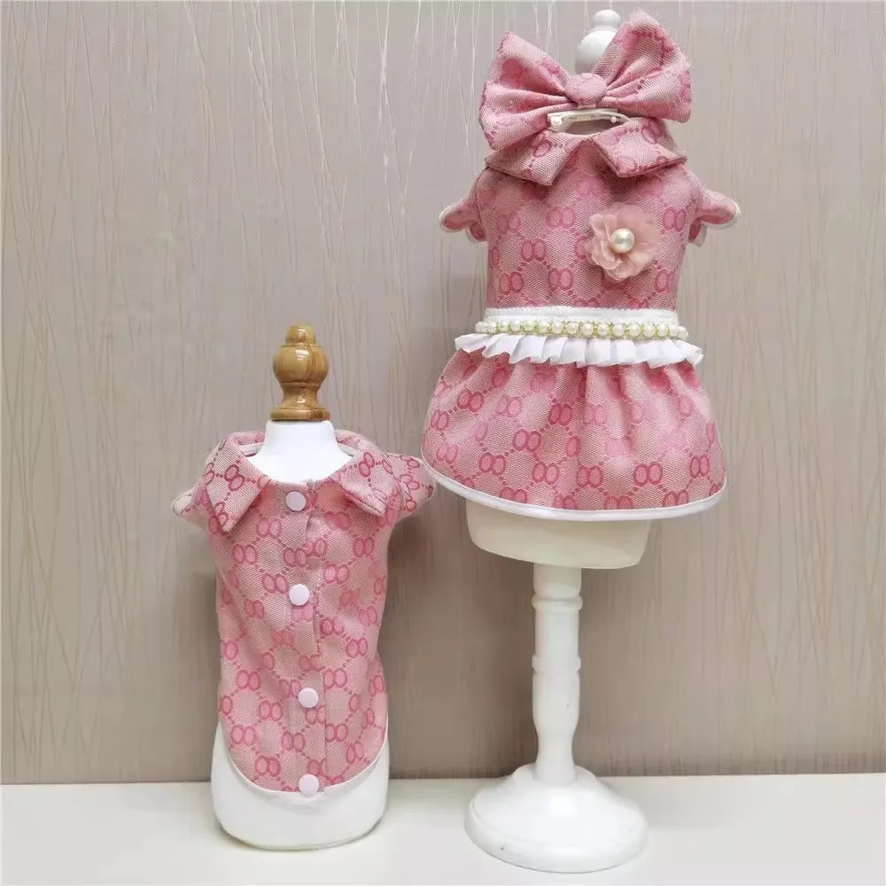 

OO Print Pearl Lace Cute Design Pet Couple Outfit Clothes Dogs Family Dress And Shirt