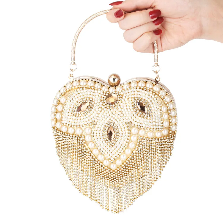 

DG PEAFOWL Heart Shaped Pearl Evening Bag Fashon Shape Heart Pattern Floral Bag White Pearls Beaded Purse and Cluches For Women