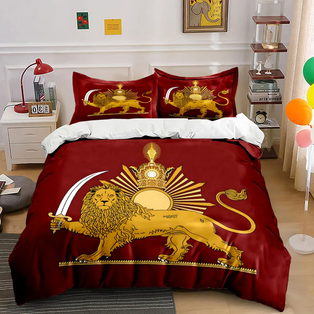 Golden lion with sword and sun crown Bedding Set for Kids Luxury Gift 3pcs Digital Print Comforter Set Soft Comfortable