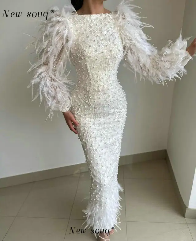 Ivory Formal Feathers Long Sleeves Evening Dresses 2023 Elegant Pearls Beaded Engagement Party Gowns for Women Arabic Vestidos