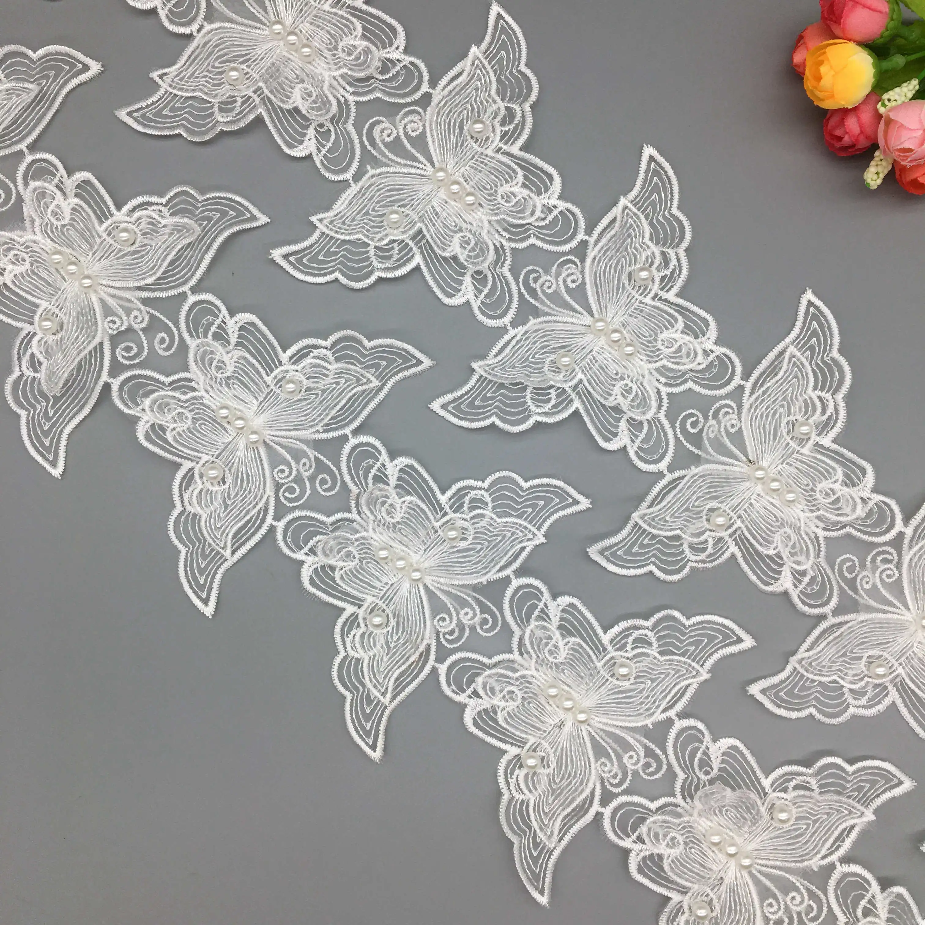 

10Pcs Latest French Fabric Pearl Butterfly Embroidered Lace Trim Ribbon Wedding Dress Hat Handmade DIY Sewing Supplies Crafts