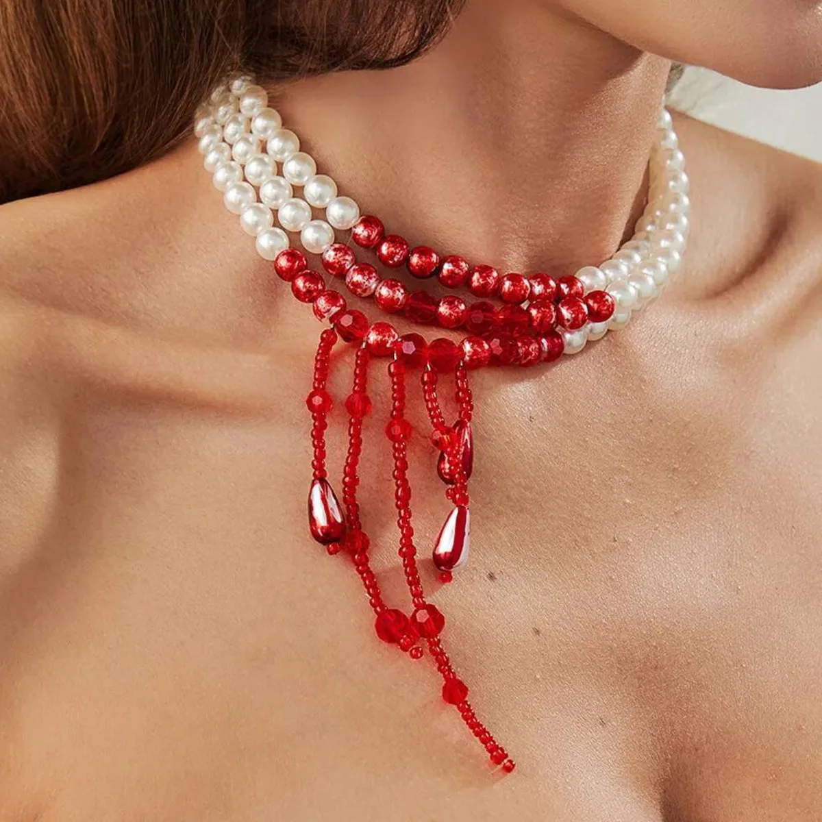 

Multilayer Goth Red Blood Pattern Imitation Pearl Crystal Tassel Necklace Bracelet Women Vintage Luxury Jewelry Set