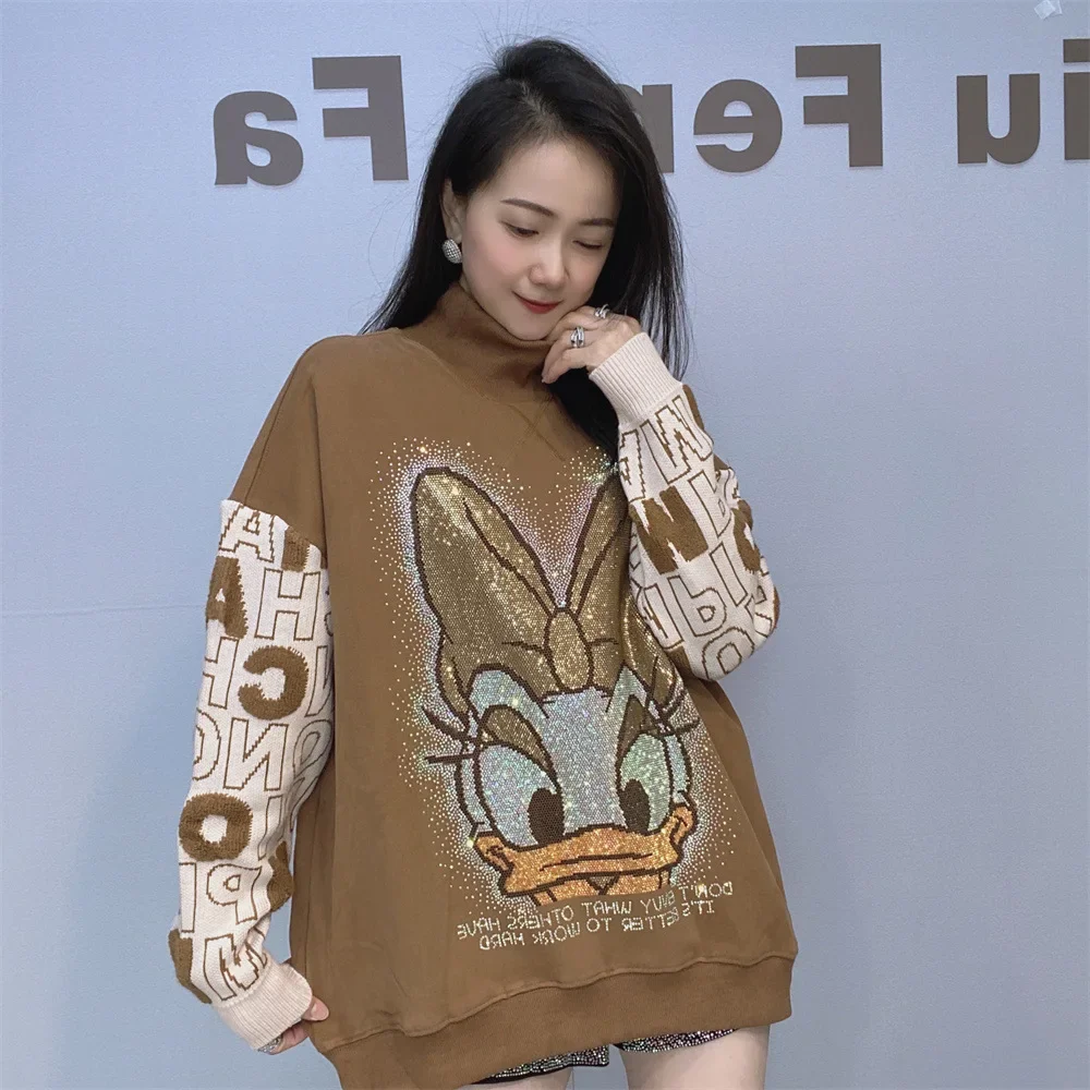 Oversized Velvet Thick Pullover Hoodies Women Clothing Cartoon Diamonds Turtleneck Letter Printed Knitwear Loose Sweatshirts