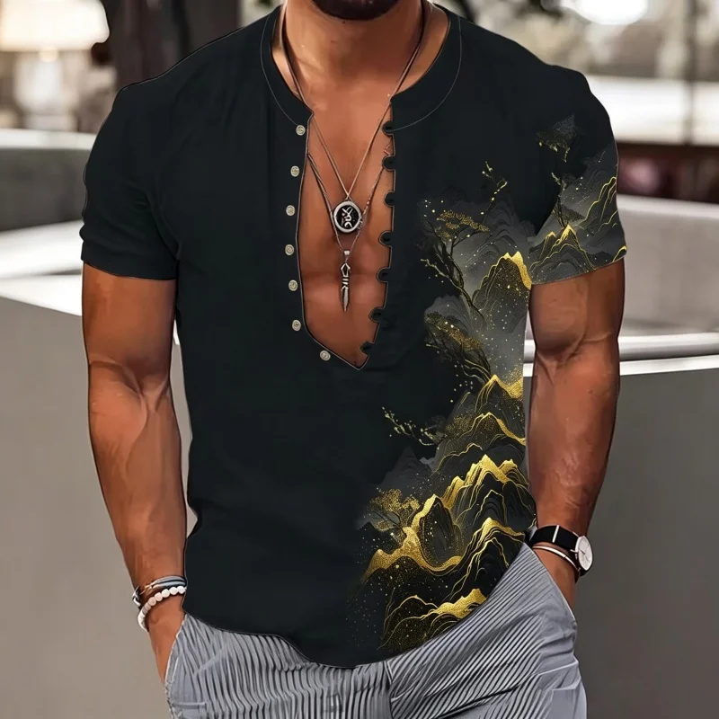 Men's shirt summer new style personalized print Henry collar short sleeved half open button casual vacation style men's top
