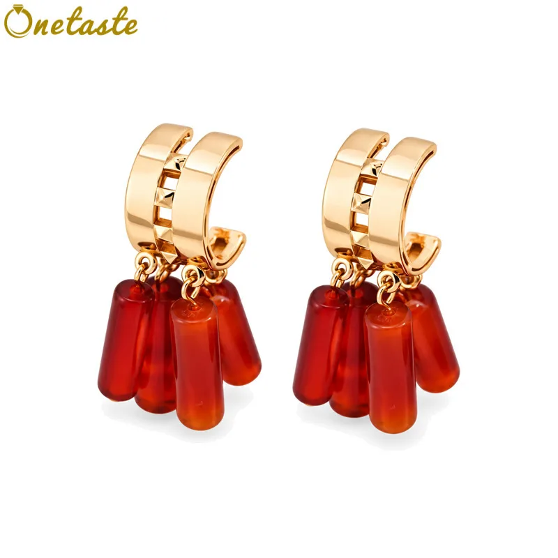 925 Sterling Silver Red Moss Agate Cylindral Tassels Charm C Hoop Earrings For Women Trendy Dangling Statement Earring Her Gift