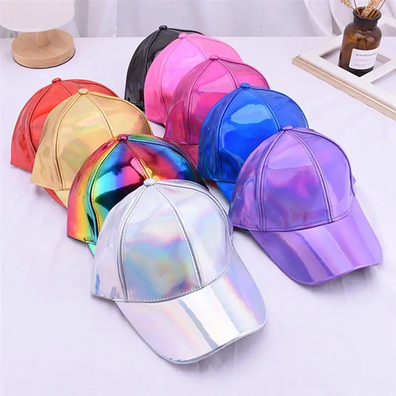 Women Men Faux Leather Baseball Cap Glitter Metallic Holographic Rainbow Reflective Hip Hop Adjustable Strapback Peaked Hat