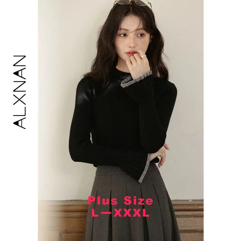 ALXNAN Plus Size Black Pullovers Ruffled Paneled Color Block Woman's Knitwear New Slim-fit Minimalist Casual Female Tops D58326