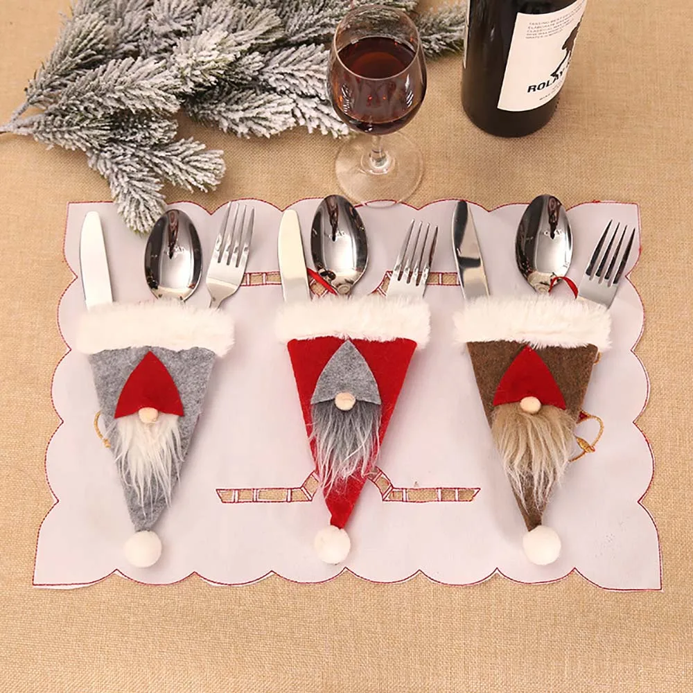 

Christmas Decoration Wine Bottle Caps Xmas Gnome Fork Knife Spoon Holder Bags Tableware Storage Bag For Kitchen Table Decor