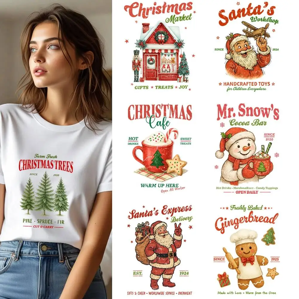 25CM Vintage Christmas Snowman Santa Claus Heat Transfer Patches For Clothes DIY A-Level Washable Shirt Iron-on Thermal Sticker