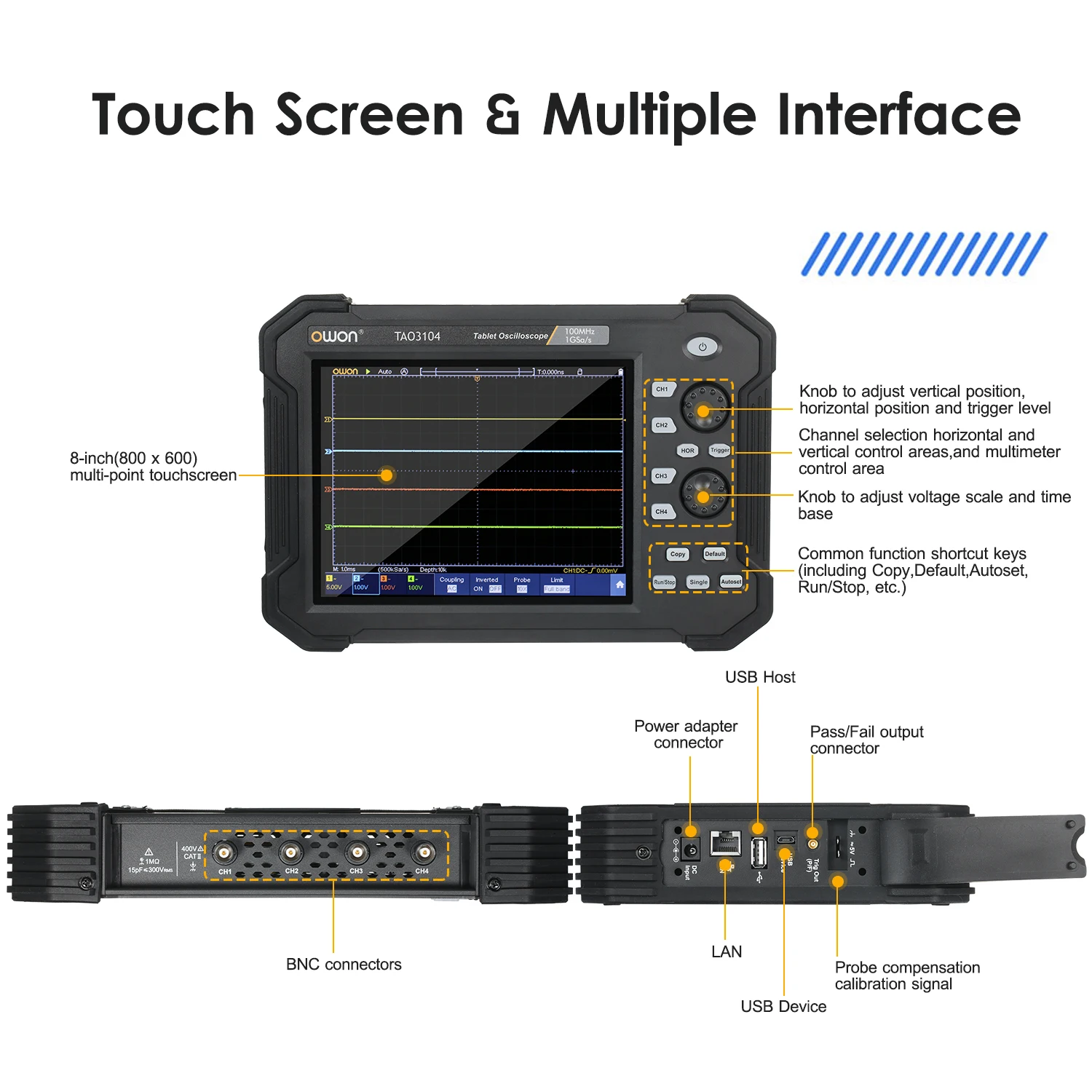 8 بوصة LCD ملتقط الذبذبات الرقمي Owon اللوحي المحمول TAO3104 شاشة تعمل باللمس USB تخزين راسم الذبذبات 8 بت 4 قنوات 100 ميجا هرتز حظر
