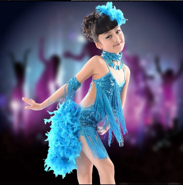 Robe de danse latine professionnelle pour enfants, robe de concours de danse de salon pour filles, robe de danse Suladin à nouveau flux de plumes à paillettes