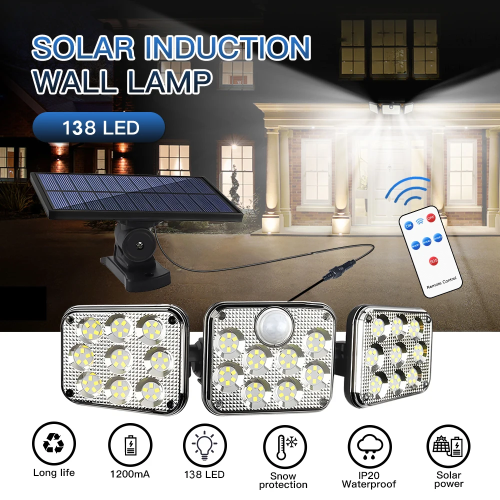 LED Solar Lights Outdoor 3 Head Motion Sensor 270° Wide Angle Illumination Waterproof Remote Control Wall Lamp (138LED)