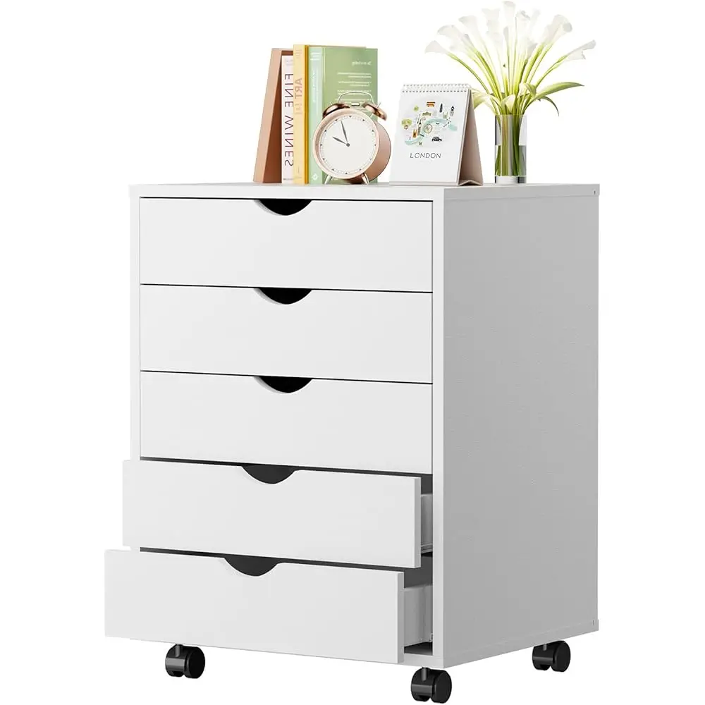

Chest File Cabinet 5 Drawers Wood Rolling Organization Storage Dresser With Wheels For Home Office 18.74"" W X 15.75"" D X